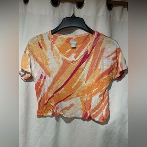 Chico's 100% Linen Multicolor V-Neck Short Sleeve Top